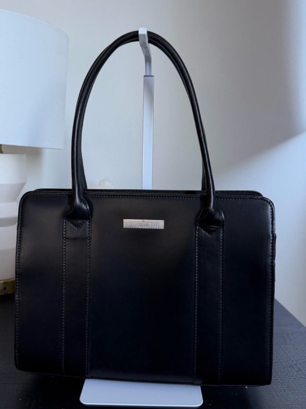Gucci Black Leather Structured Satchel with Silver Plaque